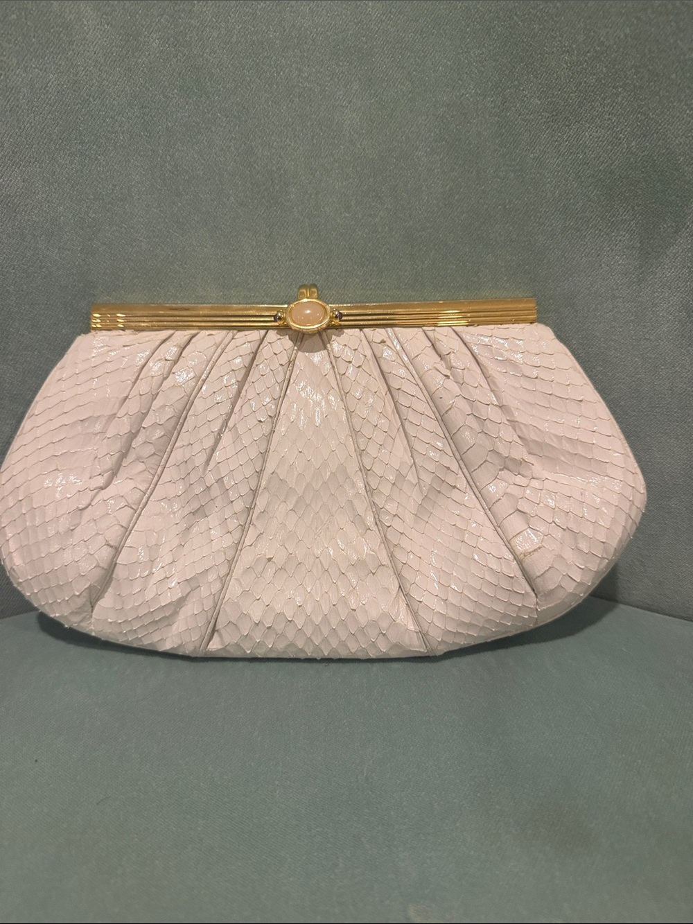 Judith Leiber Cream Python-Texture Pleated Clutch with Gold Frame